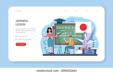 Japanese language web banner or landing page. Japanese school course. Study foreign languages with native speaker. Idea of global communication. Vector illustration in cartoon style
