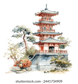 japanese lanscape vector illustration in watercolour style