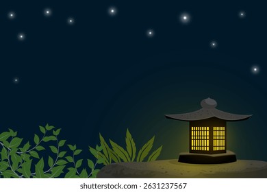 Lanterna japonesa à noite com fundo de estrelas . Estilo de desenho animado. Ilustração vetorial
