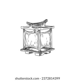 Japanese lantern with wooden case. Engraved traditional Asian lamp decor. National decorations for the Chinese New Year, lantern festival. Vector black hand drawn illustration isolated on white