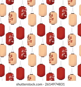 Japanese lanterns pattern. Seamless texture. Vector. Culture. Asian. Fabric. Textile. Wrapping. Red and beige objects on a white. Holiday. Symbol. Traditional.