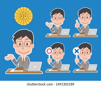 Japanese lawyer facial expression pose set illustration