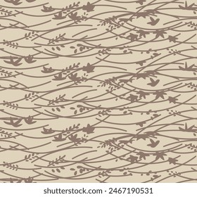 Japanese Leaf Branch Curl Line Vector Seamless Pattern