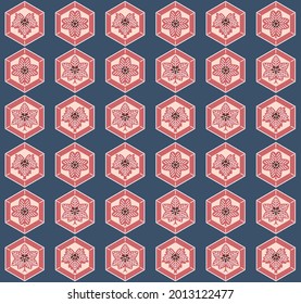 Japanese Leaf Motif Hexagon Vector Seamless Pattern