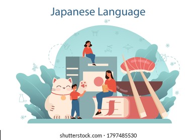 Japanese learning concept. Language school japanese course. Study foreign languages with native speaker. Idea of global communication. Vector illustration in cartoon style