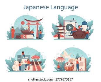 Japanese learning concept set. Language school japanese course. Study foreign languages with native speaker. Idea of global communication. Vector illustration in cartoon style