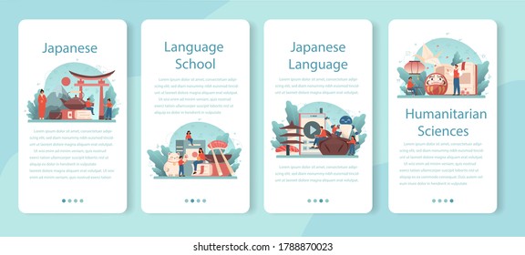 Juego de banners para aplicaciones móviles de aprendizaje japonés. Curso de la escuela de idiomas japonés. Estudiar idiomas extranjeros con hablante nativo. Idea de comunicación global. Ilustración vectorial en estilo de caricatura