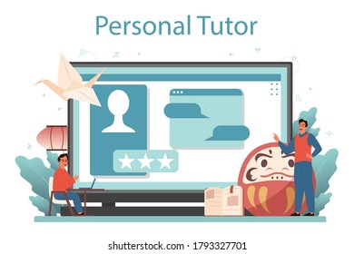 Japanese learning online service or platform. Language school japanese course. Study foreign languages. Personal tutor. Vector illustration