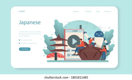 Japanese learning web banner or landing page. Language school japanese course. Study foreign languages with native speaker. Idea of global communication. Vector illustration in cartoon style