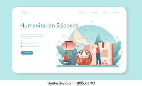 Japanese learning web banner or landing page. Language school japanese course. Study foreign languages with native speaker. Idea of global communication. Vector illustration in cartoon style