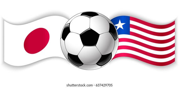 Japanese and Liberian wavy flags with football ball. Japan combined with Liberia isolated on white. Football match or international sport competition concept.