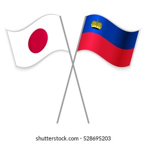 Japanese and Liechtenstein crossed flags. Japan combined with Liechtenstein isolated on white. Language learning, international business or travel concept.