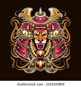 Japanese Lion Head Samurai Vector Illustration T shirt Design