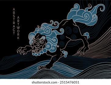 mitología del león japonés Komainu, ilustración dibujada a mano