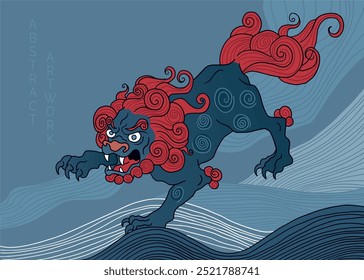 mitología del león japonés Komainu, fondo abstracto alineado, colores azules