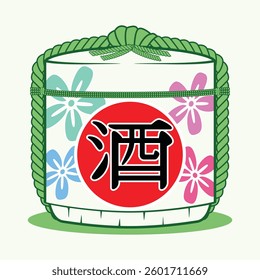 Japanese liqueur in tradition barrel or bucket with Japanese text in red circle meaning sake - Japanese liqueur drawing in colorful cartoon vector