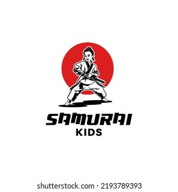 Japanese Little Boy Samurai. Kids In Kung Fu Clothes Holding A Sword Logo Design Template