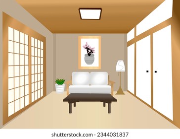 Japanese living room decorating by wooden sofa table made up from illustrations 