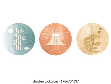 Japanese logo design with Asian tradition icon vector. Watercolor texture with bamboo, Fuji mountain and wave symbol in vintage style.