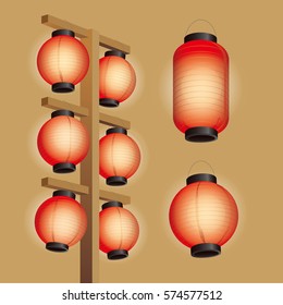 Japanese long-shaped and circular-shaped lanterns