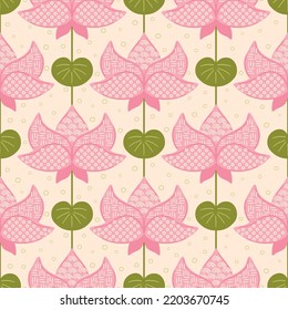 Japanese lotus seamless pattern. Pink asian lotus floral background. Pink chinese lotus flower repeat textile design. Hand drawn korean flower with traditional ornament. Asian vector illustration.