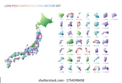 Japanese low poly regions. Polygonal map of Japan with regions. Geometric maps for your design. Vibrant vector illustration.