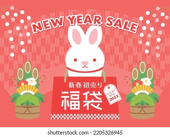 Japanese lucky bag in 2023. Rabbit holding a lucky bag vector illustration.
In Japanese is written as "Lucky Bag" "New year first sell".