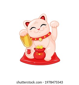 Japanese lucky cat with a bag of gold coins. Maneki neko. The symbol of wealth. Vector illustration