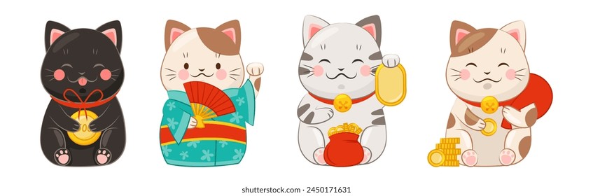 Japanese Lucky Cat with Beckoning Paw Vector Set