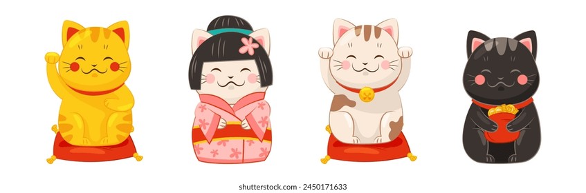 Japanese Lucky Cat with Beckoning Paw Vector Set