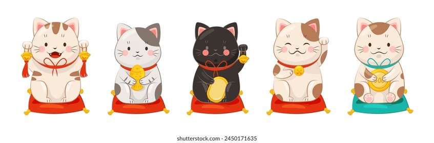 Japanese Lucky Cat with Beckoning Paw Vector Set