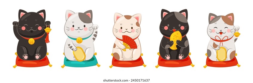 Japanese Lucky Cat with Beckoning Paw Vector Set