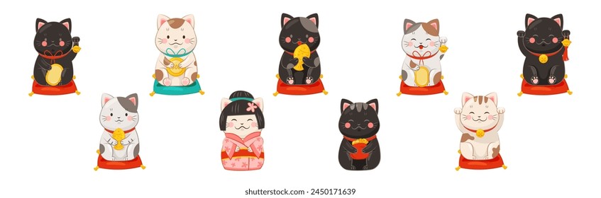 Japanese Lucky Cat with Beckoning Paw Vector Set