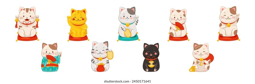 Japanese Lucky Cat with Beckoning Paw Vector Set