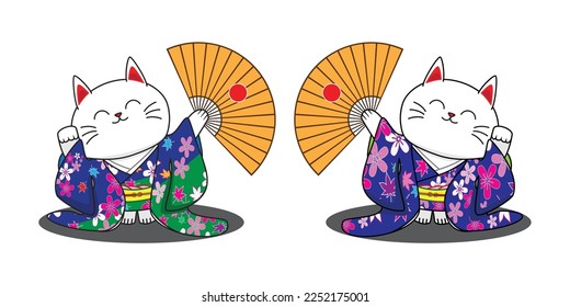 Japanese lucky cat called Maneki Neko dress in green and blue Kimono with flower pattern holds folding fan mean good luck and rich drawing  in cartoon vector