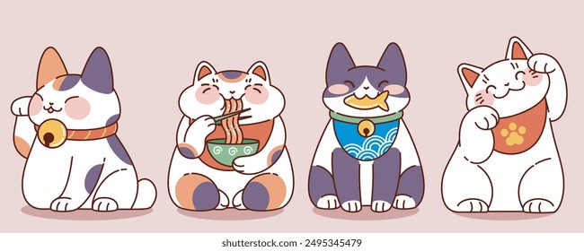 Gato afortunado japonés en diferentes poses - agitando garras y comiendo fideos, sosteniendo peces de oro en la polilla y tímido. Conjunto de Ilustración vectorial de dibujos animados de la figura tradicional de la fortuna maneki neko