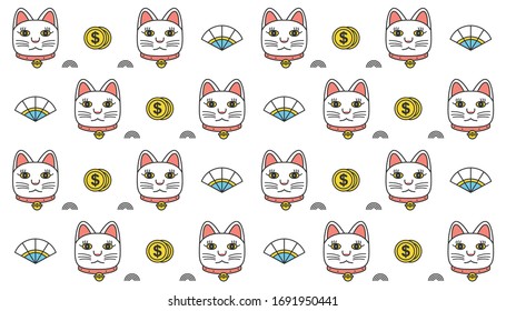 Japanese lucky cat doll vector seamless pattern design. Colorful and cute pattern design with cats Maneki Neko. Traditional asian lucky cat