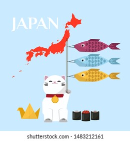 Japanese lucky cat holding three fishes and Japan red map vector illustration. Japanese Maneki Neco cat waving hand paw. Feng shui Success wealth symbol mascot. Cute character.