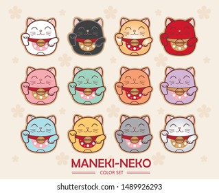 Japanese lucky cat . Maneki neko. Color set illustration. cute cat.