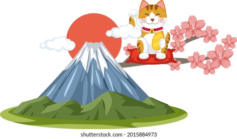 Japanese lucky cat maneki neko with Mount Fuji illustration