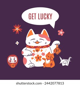 Japanese lucky cat maneki neko on a card with traditional elements and good luck wishes. Flat vector illustration of a flyer with a good luck charm bringing wealth.