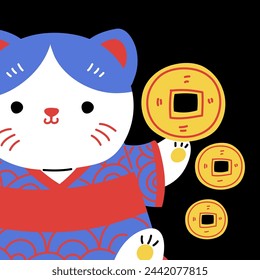 Japanese lucky cat maneki neko figurine vector illustration. Cartoon cute oriental feline figure holding coban coin with kanji meaning richness. Traditional Asian Feng Shui symbol on black background