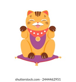 Japanese lucky cat. Maneki neko cat, happiness fortune symbol cartoon vector illustration