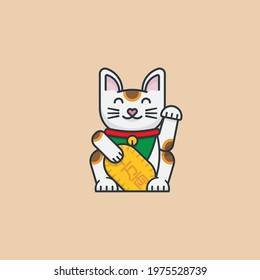 Japanese Lucky Cat Maneki-Neko vector illustration for Global Cat Day on October 16, text on medal translates to 10 million ryu, an old currency unit