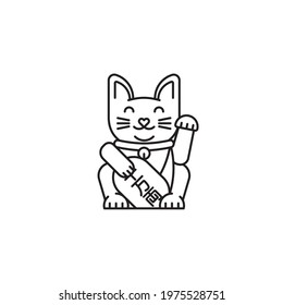 Japanese Lucky Cat Maneki-Neko vector line icon for Global Cat Day on October 16,  text on medal translates to 10 million ryu, an old currency unit