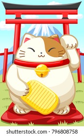 Japanese lucky cat and mountain Fuji background, Vector illustration