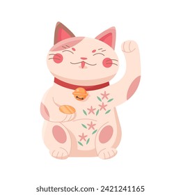 Japanese lucky cat statue. Asian symbol of fortune and prosperity cartoon vector illustration