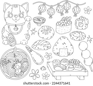 Japanese lucky cat, sushi and traditional food black outline for coloring page