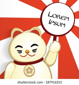 Japanese lucky cat wearing necklace and holding a blank fan.