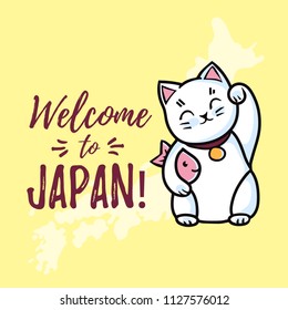 Japanese lucky cat. Welcome to Japan. Traveling poster.